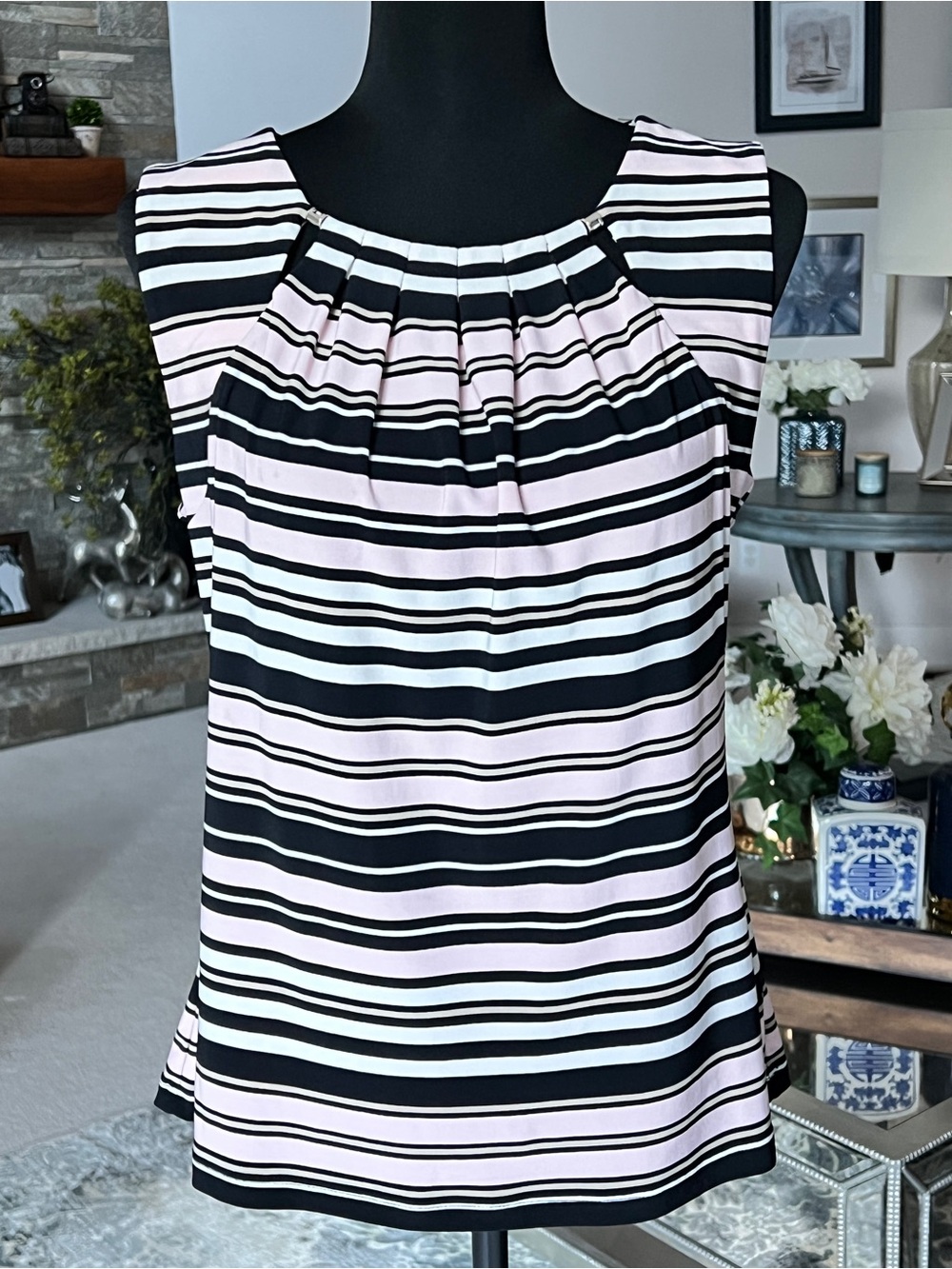 Tommy Hilfiger Pink and Black Striped Sleeveless Tank